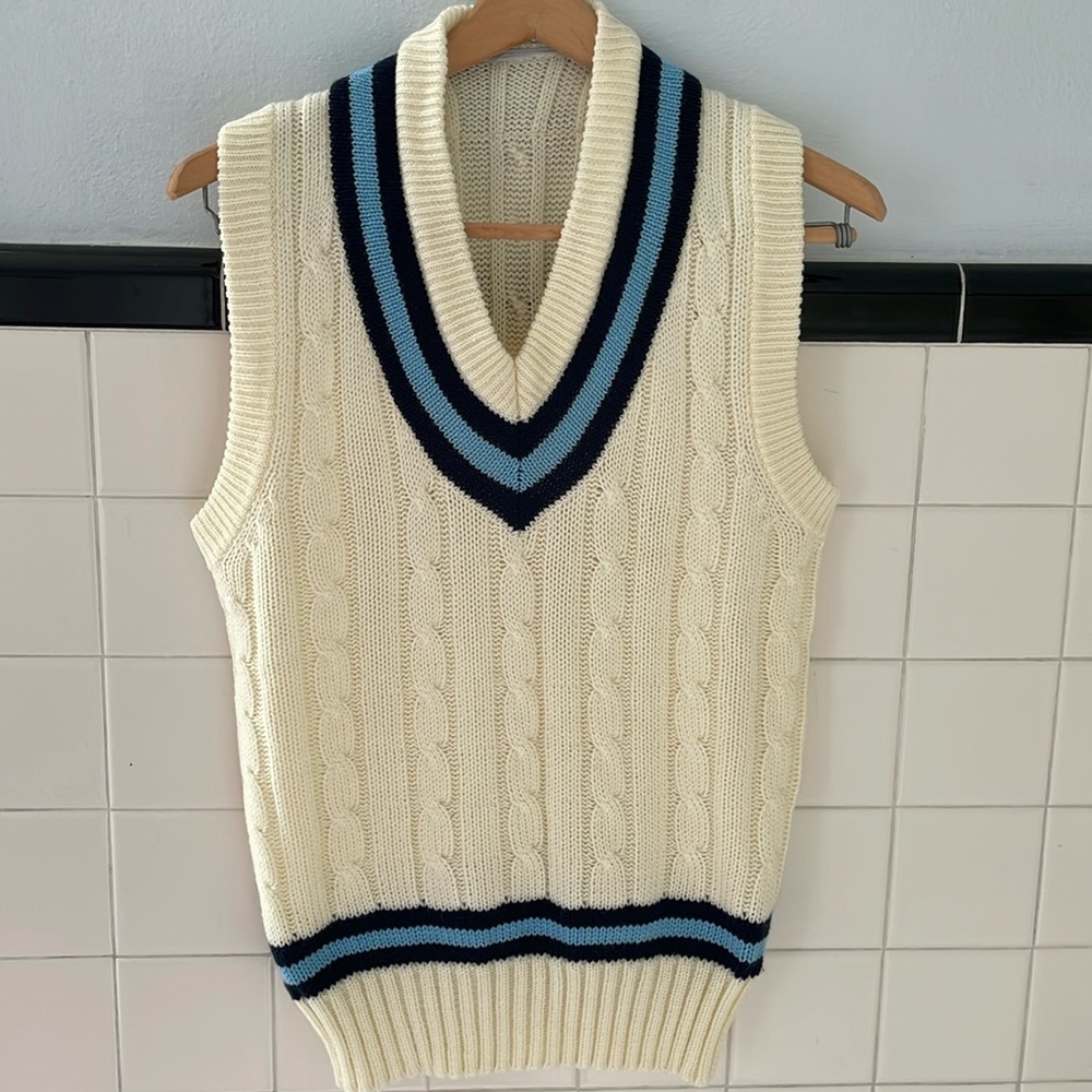 Men's V-Neck Sweater Vest - Cream and Blue